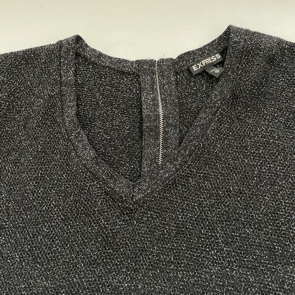 EXPRESS Black Silver METALLIC SPARKLE SWEATER Knit Top FULL Zip Back XS - Picture 3 of 9